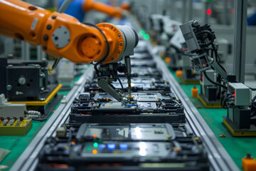 Poster - A robotic arm is working on a conveyor belt in a factory