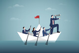 Fototapeta Zachód słońca - Discovering new business opportunities and investments, Vision and goal setting, Business team is rowing boat with binoculars standing in paper boat and looking forward, Vector design illustration.