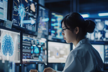 Poster - A woman looks at a computer screen with a brain on it