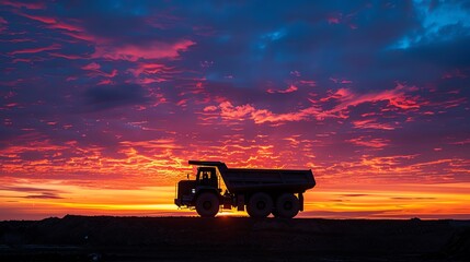 Silhouette of a dump truck with a dramatic sunset background digitally imposed to contrast with the stark white foreground