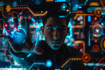 Poster - A boy is looking at a screen with a circle with the letter a on it