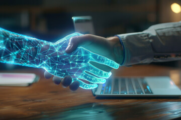 Poster - A person shaking hands with a glowing hand behind them