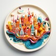 A porcelain plate with a cityscape painting, a unique addition to your tableware collection. The artful design in the center of the dish adds an elegant touch to any dining experience