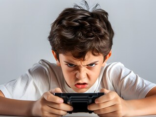 boy playing video game looks angry