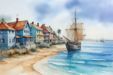 city old town beach, ship in the sea, water color art boat, blue sea,