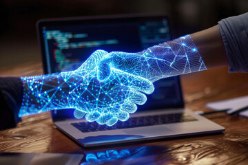 Poster - Two people shaking hands in front of a laptop