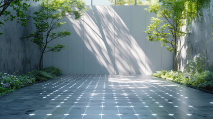Poster - A large empty courtyard with a wall of trees and a white wall