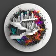A 3D rendering of a city inside a circular shape, adorned with vibrant paint splashes. Abstract painting. Artistic 3D rendering of city within circle with vibrant splashes of color. High quality photo
