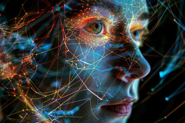 Poster - A close up of a woman 's face with colorful lines coming out of it