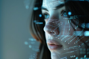 Poster - A close up of a woman 's face with a futuristic display on it