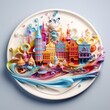 A white porcelain plate featuring a beautiful cityscape painting. 3d abstract illustration. This tableware piece is adorned with intricate ornaments and a circular design. High quality photo