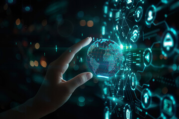 Poster - A hand is holding a glowing globe in front of a screen