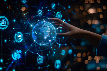 Poster - A hand is touching a globe with icons around it