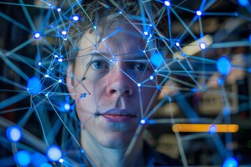 Poster - A man 's face is surrounded by blue lights and lines