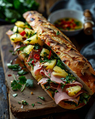 Wall Mural - Rustic pineapple and ham subway sandwich gastronomy photo
