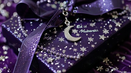 Wall Mural - A crescent moon charm dangles from a shimmering ribbon, with the inscription Eid Mubarak etched on its surface in a celestial font.