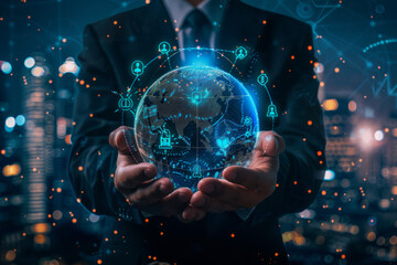 Poster - A man in a suit holds a glowing globe in his hands