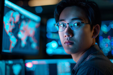 Poster - A man wearing glasses looks at a computer screen
