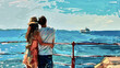 Couple enjoying ocean view with cruise ship in distance