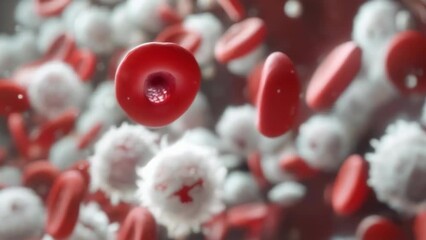 Wall Mural - Microscopic view of bright red blood cells and white virus particles, illustrating the interaction between the human immune system and pathogens. Blood circulation and immune defense mechanisms