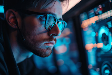 Poster - A man wearing glasses is looking at a computer screen
