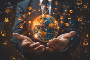 Poster - A man in a suit is holding a glowing globe in his hands