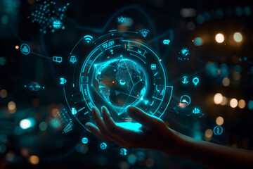 Poster - A hand holding a globe with icons around it