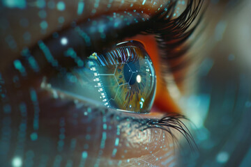 Poster - A close up of a woman 's eye with a reflection of numbers