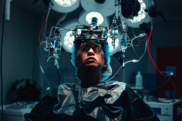 Poster - A person in an operating room with wires coming out of their head