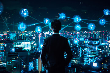 Poster - A man in a suit looks out over a city at night