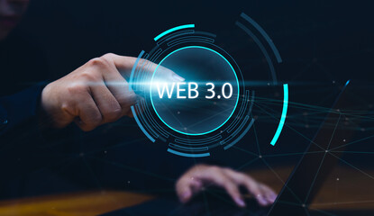 Poster - futuristic business person using web 3.0 digital internet global communication networking.