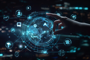 Poster - A hand is pointing at a globe with icons around it