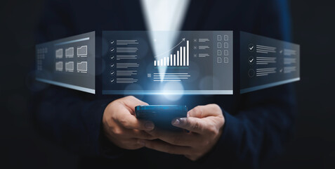 Poster - Businessman using a mobile smartphone to analyze company's financial revenue and profit with value increasing charts calculation, information computer system technology data calculation.