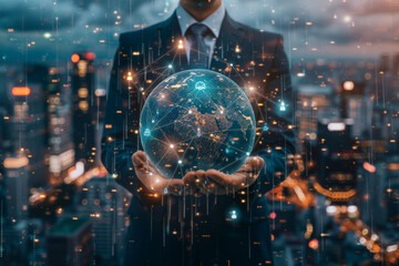 Poster - A man in a suit is holding a globe in his hands