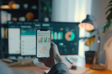 Poster - A person is holding a cell phone with a graph on it