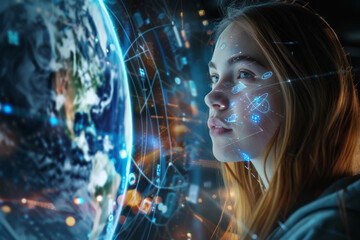 Poster - A woman looking at a globe with icons on her face