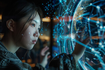 Poster - A woman is looking at a screen with a globe on it