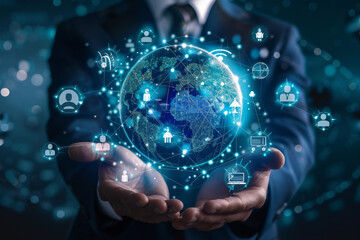 Poster - A man in a suit is holding a globe in his hands