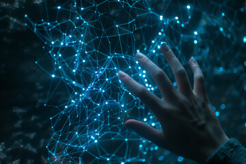 Poster - A person 's hand is reaching out towards a glowing network of lines and dots