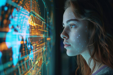 Poster - A woman is looking at a screen with a map on it