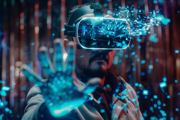 Poster - A man wearing a virtual reality headset looks at something