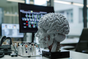 Poster - A model of a human brain sits on a desk in front of a computer monitor
