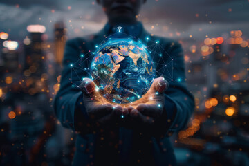 Wall Mural - A person is holding a glowing globe in their hands
