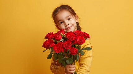 Wall Mural - A little girl of six years old holding a large red bouquet of roses on a yellow background with space for your text