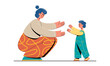 Character child learns to walk, goes to mom to hug. Hyperbolic people. Mothers Day. Vector stock illustration.