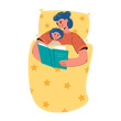 Character mom and child reading a book before going to bed in bed.Hyperbolized people.Mother's Day.Vector stock illustration.