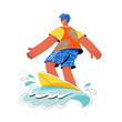 Male surfer character hyperbolic in flat style. Riding a surfboard on the waves.Vector stock illustration.
