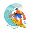 Male surfer character hyperbolic in flat style. Riding a surfboard on the waves.Isolated on a white background.Vector stock illustration.