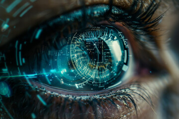Leinwandbilder - A close up of a woman 's eye with a futuristic image on it