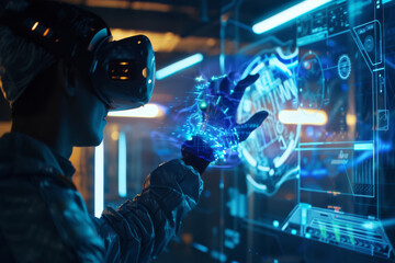 Poster - A person wearing a virtual reality headset is touching a screen